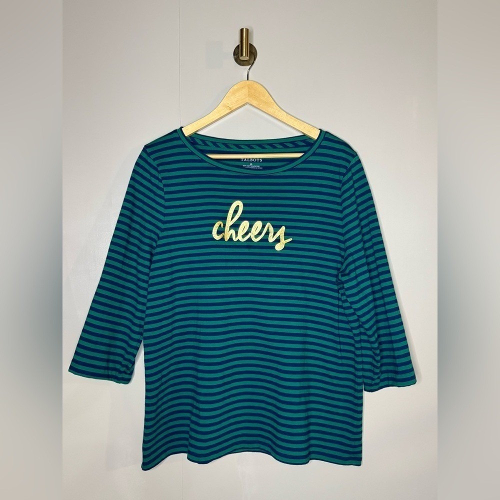 Talbots Cheers Striped Long Sleeve Top Green Navy‎ Gold Graphic XL Cotton
